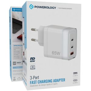 آداپتور شارژ سریع ۶۵ وات پاورولوژی C مدل ‏Powerology 65W 3-Port Fast Charging Adapter